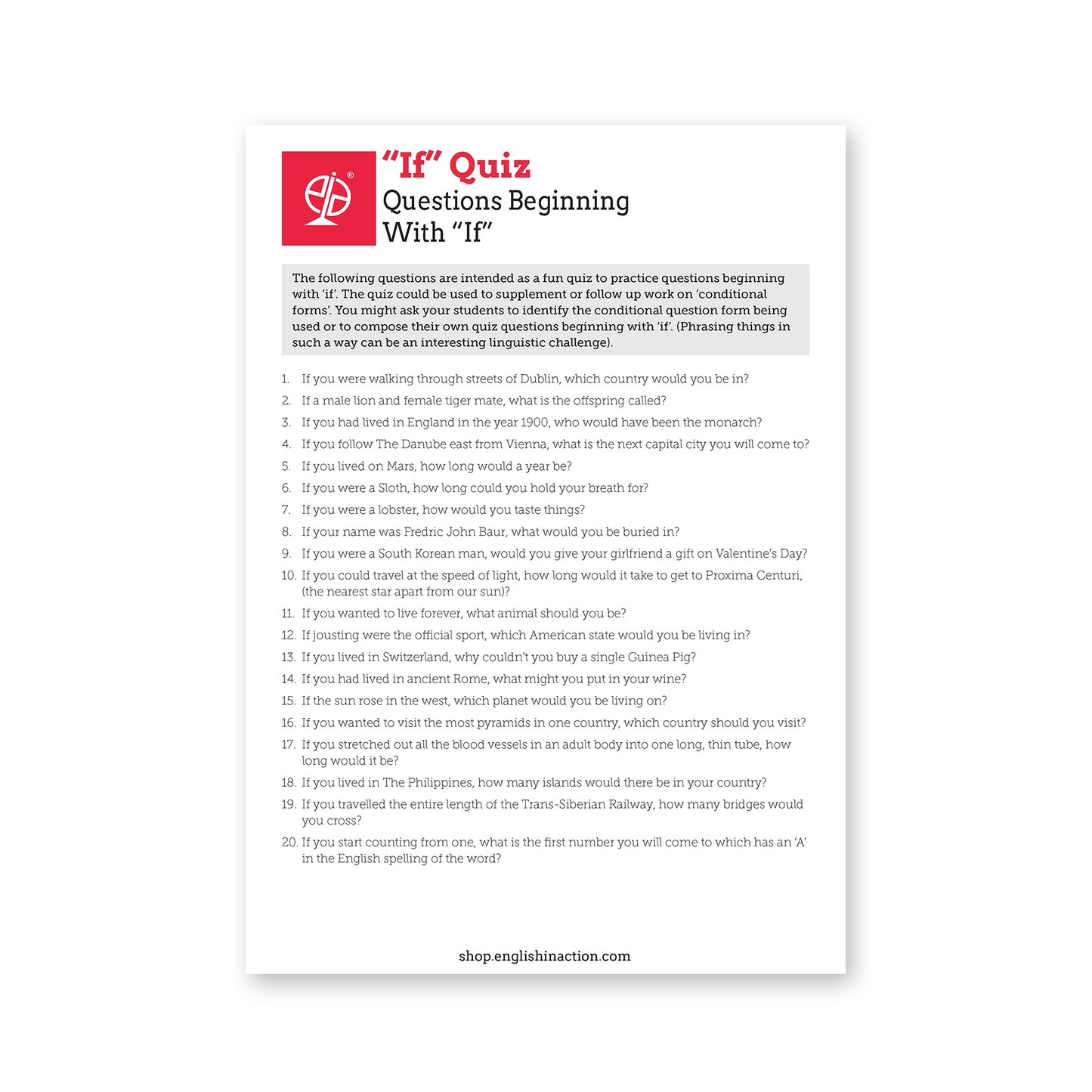 If Quiz | EFL Worksheet for Practising Conditional Forms and ‘If’ Questions - TEFL-Toolkit.com