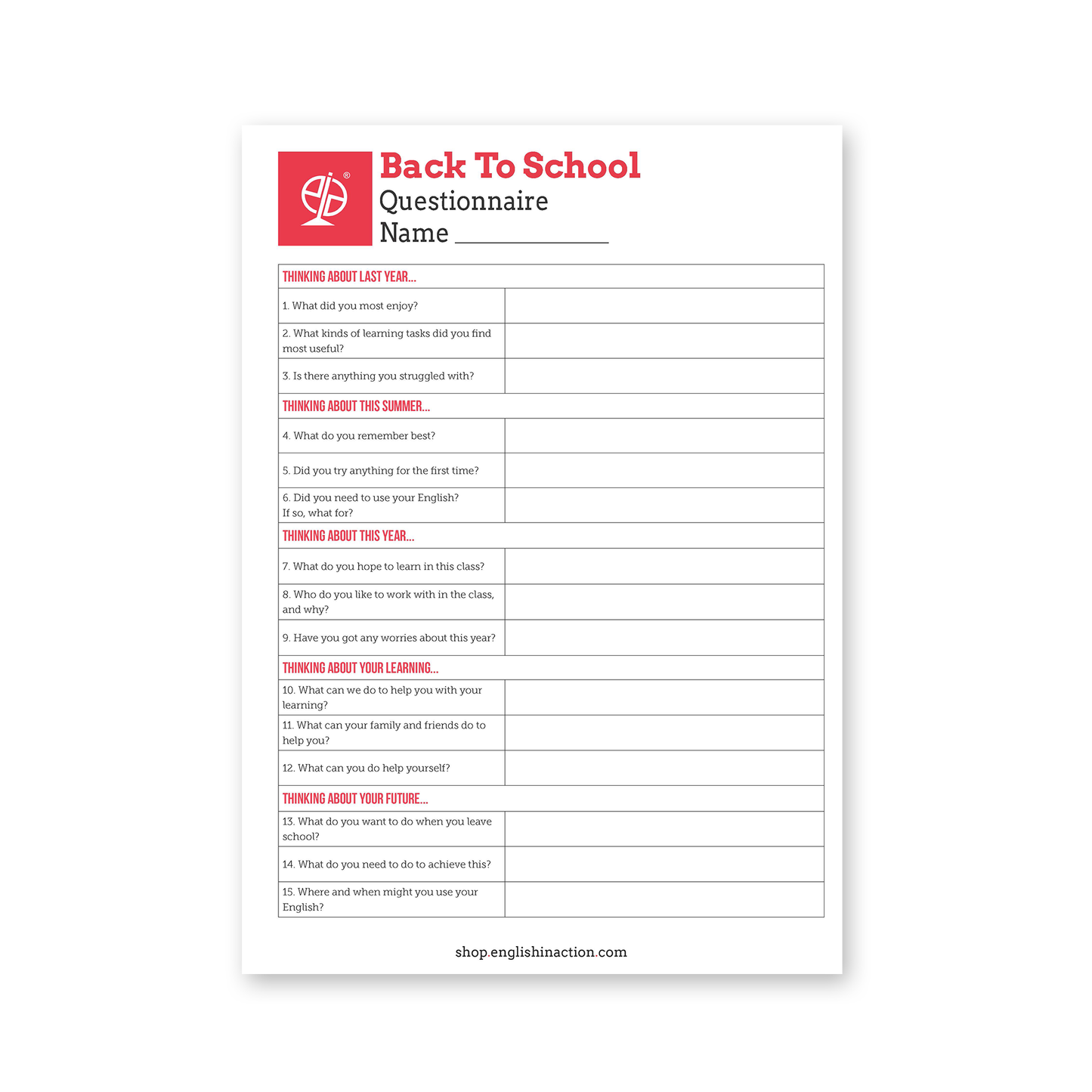 Back to School Questionnaire | EFL Activity to Learn About Your Students - shop.englishinaction.com