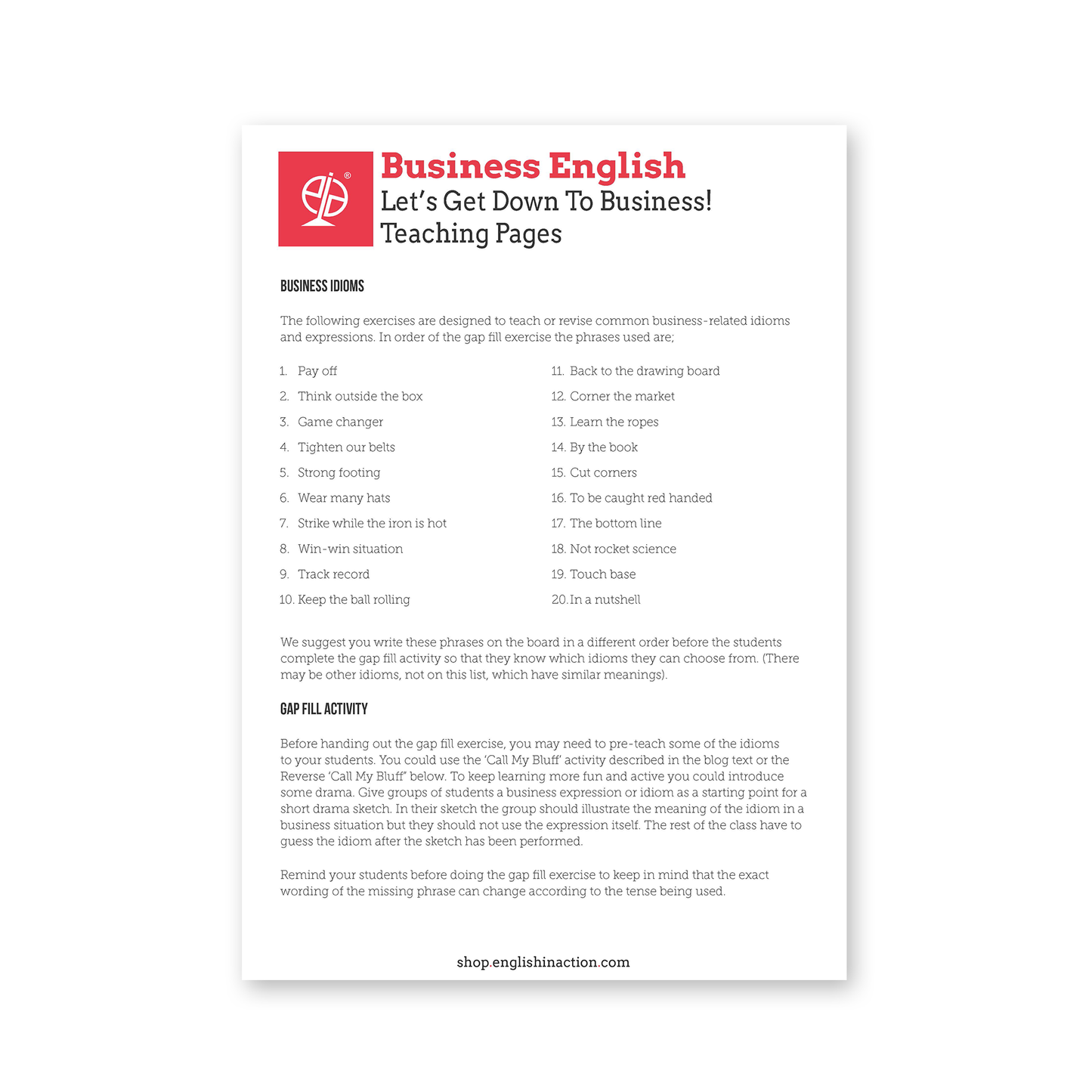 Business English Idioms | EFL Worksheet for Workplace Communication Skills - shop.englishinaction.com