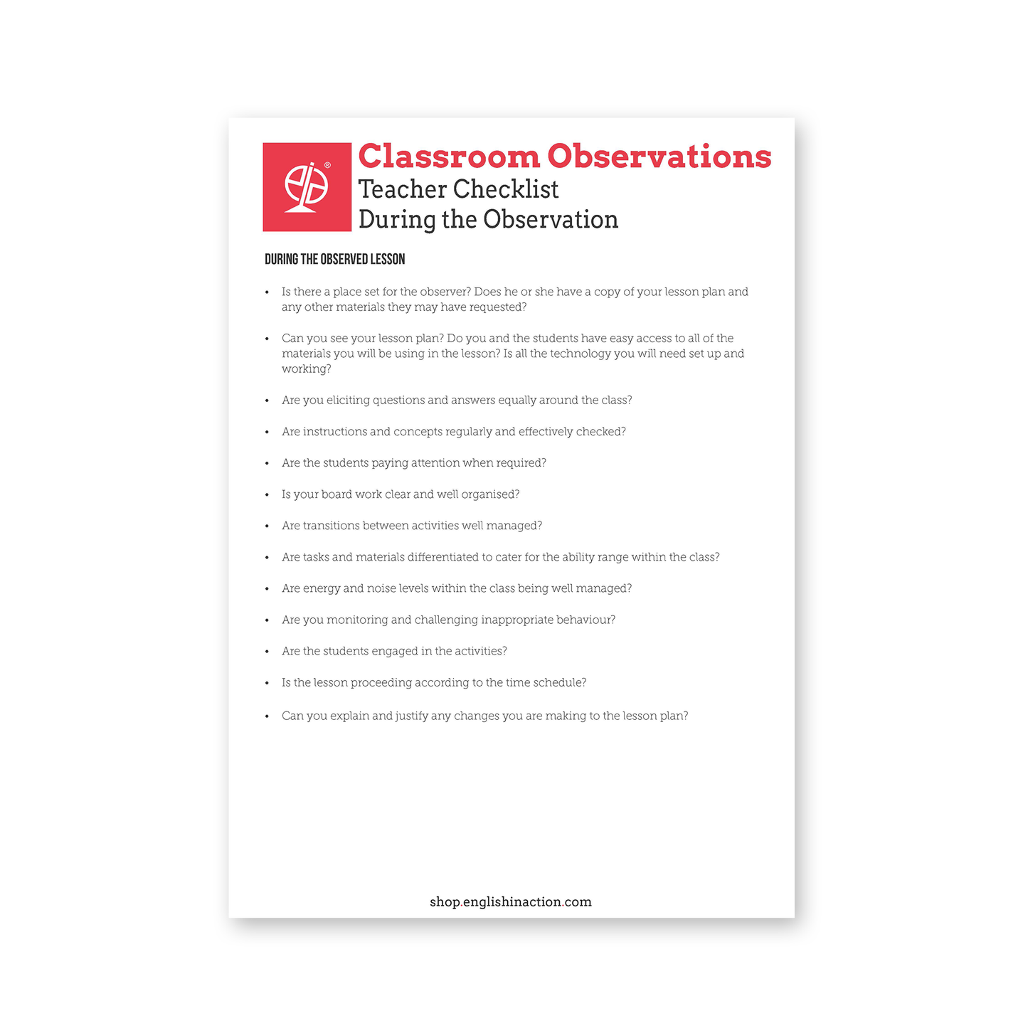 Classroom Observation Checklist | TEFL/ESOL Resource for Teacher Evaluation - TEFL-Toolkit.com