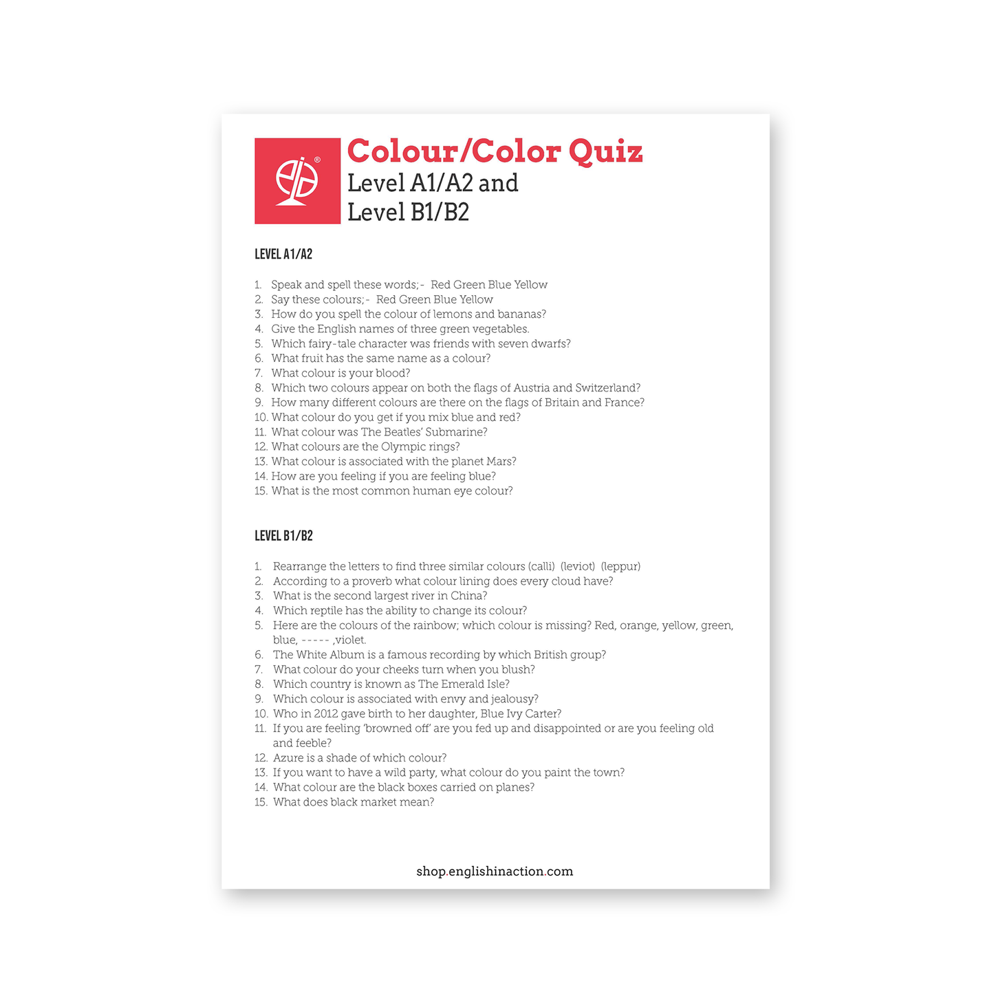 Colour/Color Quiz | Fun Vocabulary Quiz for EFL Learners and Language Practice - TEFL-Toolkit.com