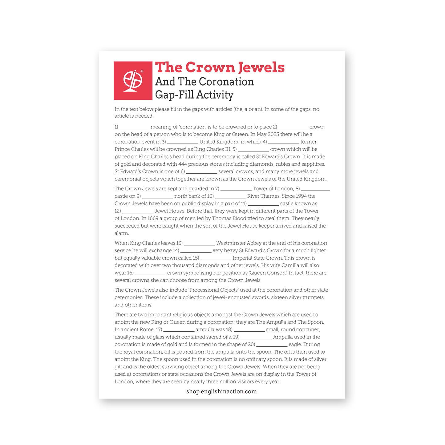 The Crown Jewels & The Coronation Gap-Fill Activity – EFL Worksheet