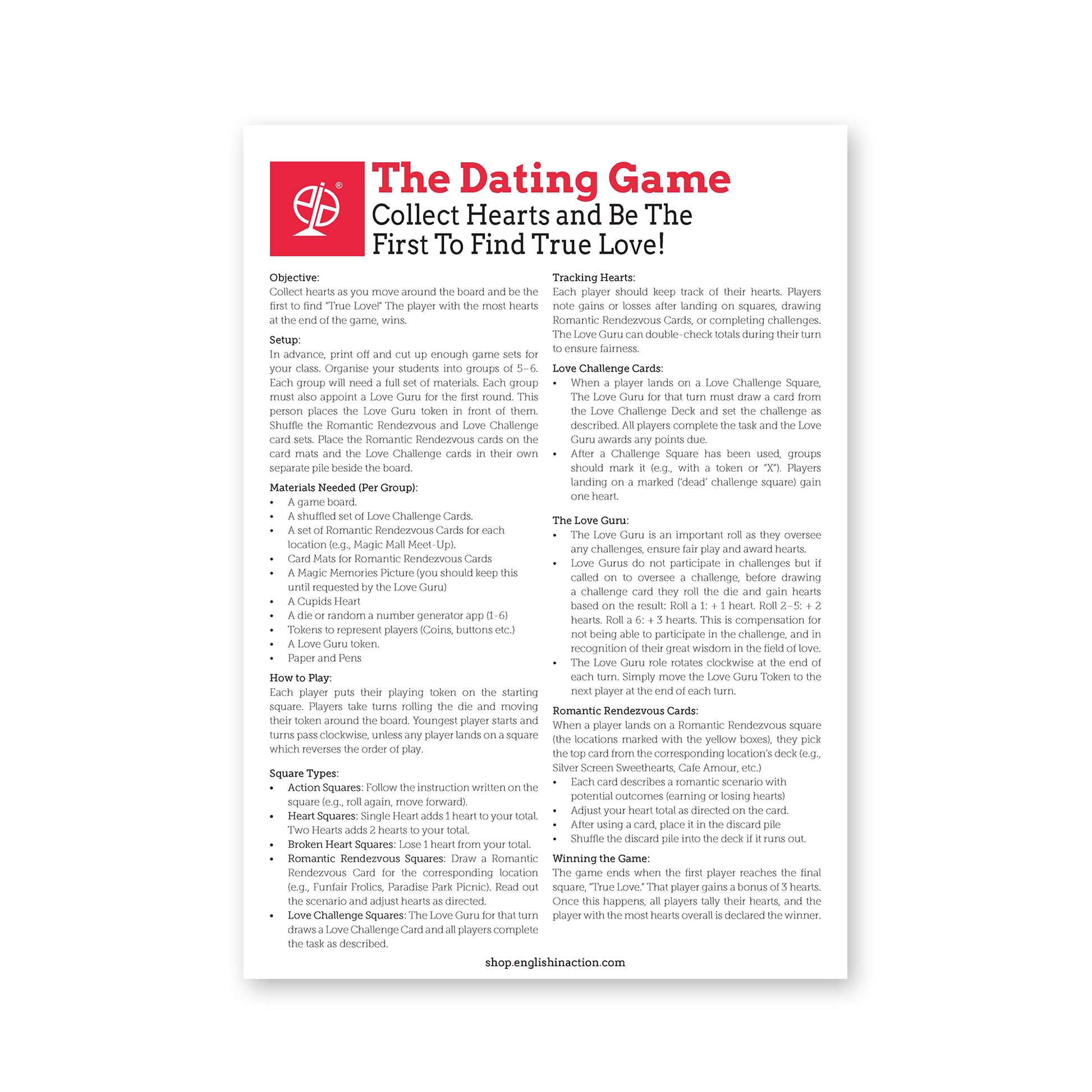 The Dating Game | Downloadable ESL Board Game - TEFL-Toolkit.com