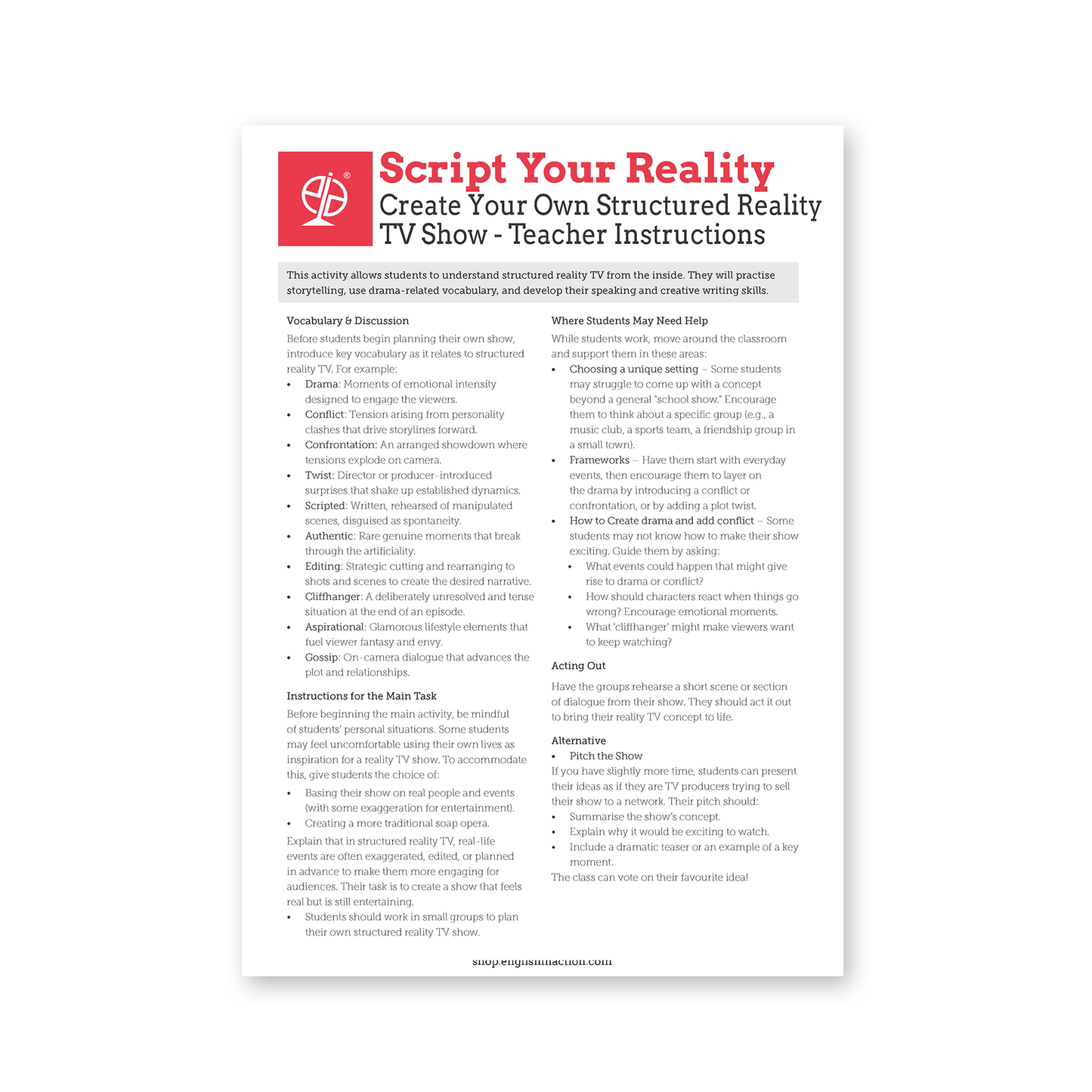 Drama or Reality? | EFL Resource on Pop Culture, Speaking and Storytelling - TEFL-Toolkit.com