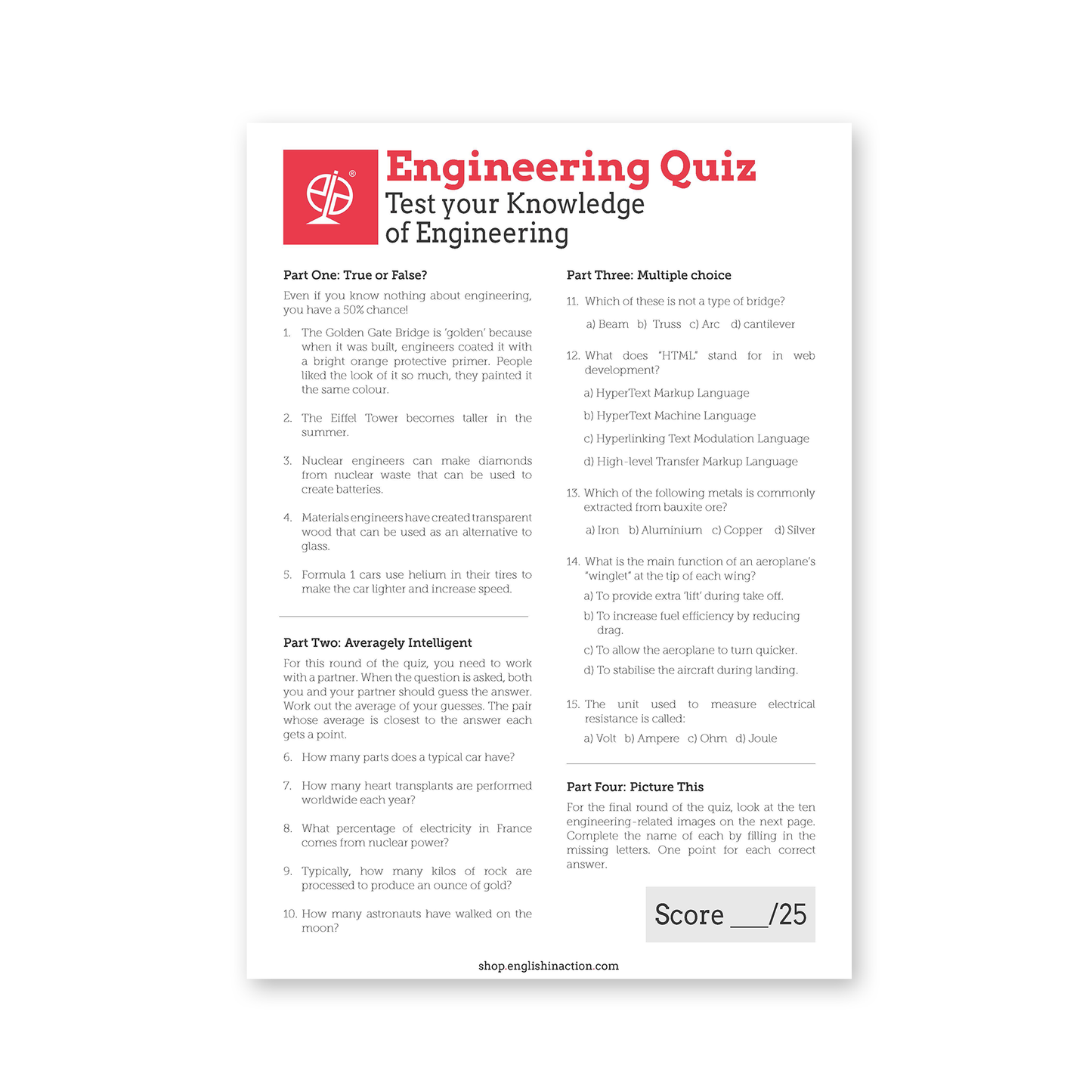 Engineering Quiz | EFL Resource for Design and Construction Topics - TEFL-Toolkit.com