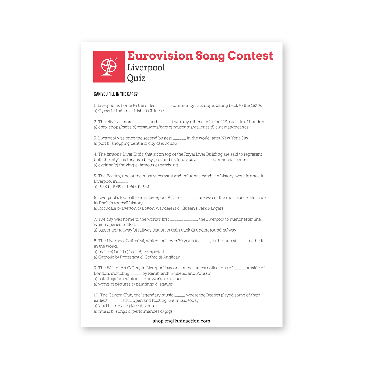 Eurovision and Liverpool Quiz | EFL Worksheet on Music, Culture and British Landmarks