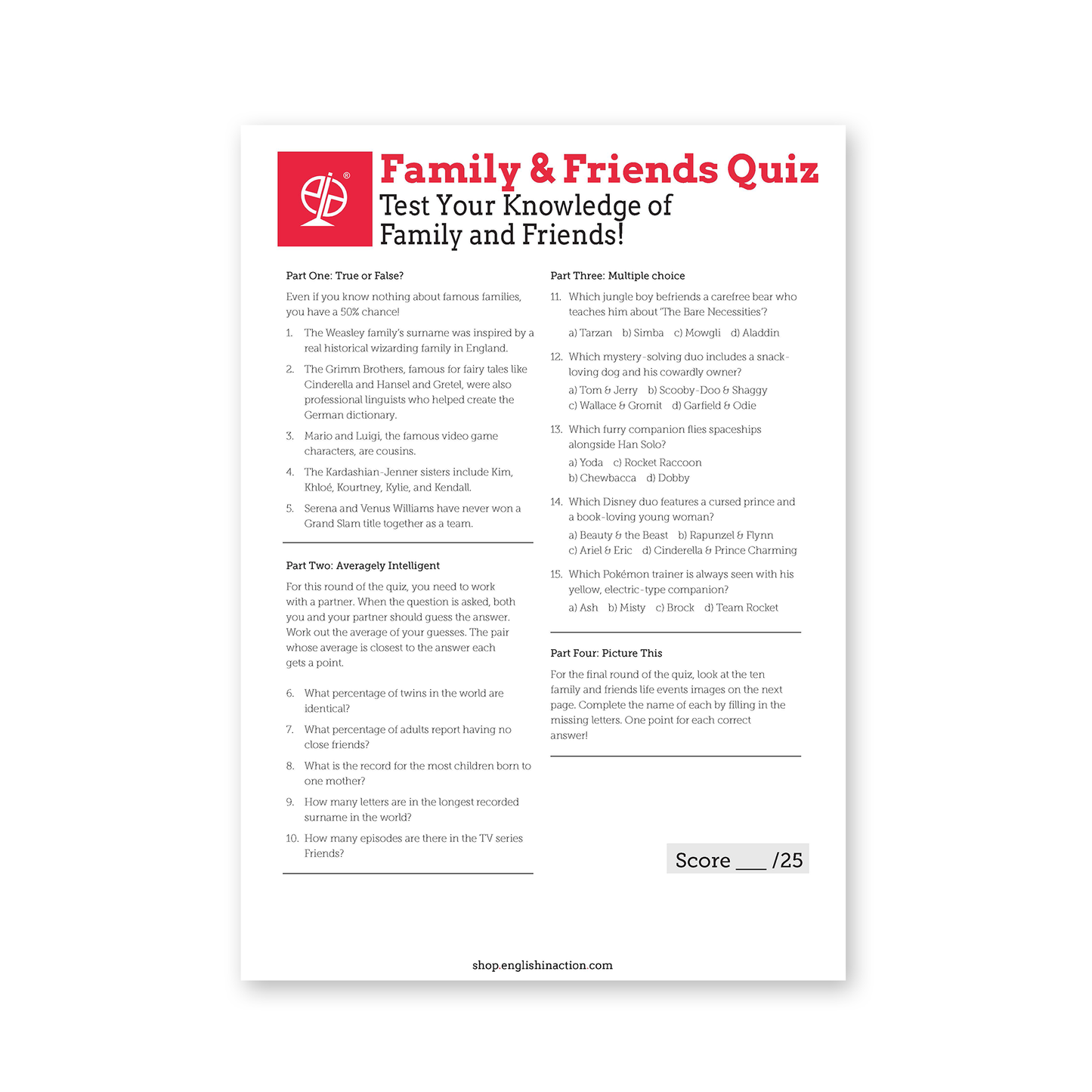 Friends and Family Quiz | EFL Resource - TEFL-Toolkit.com