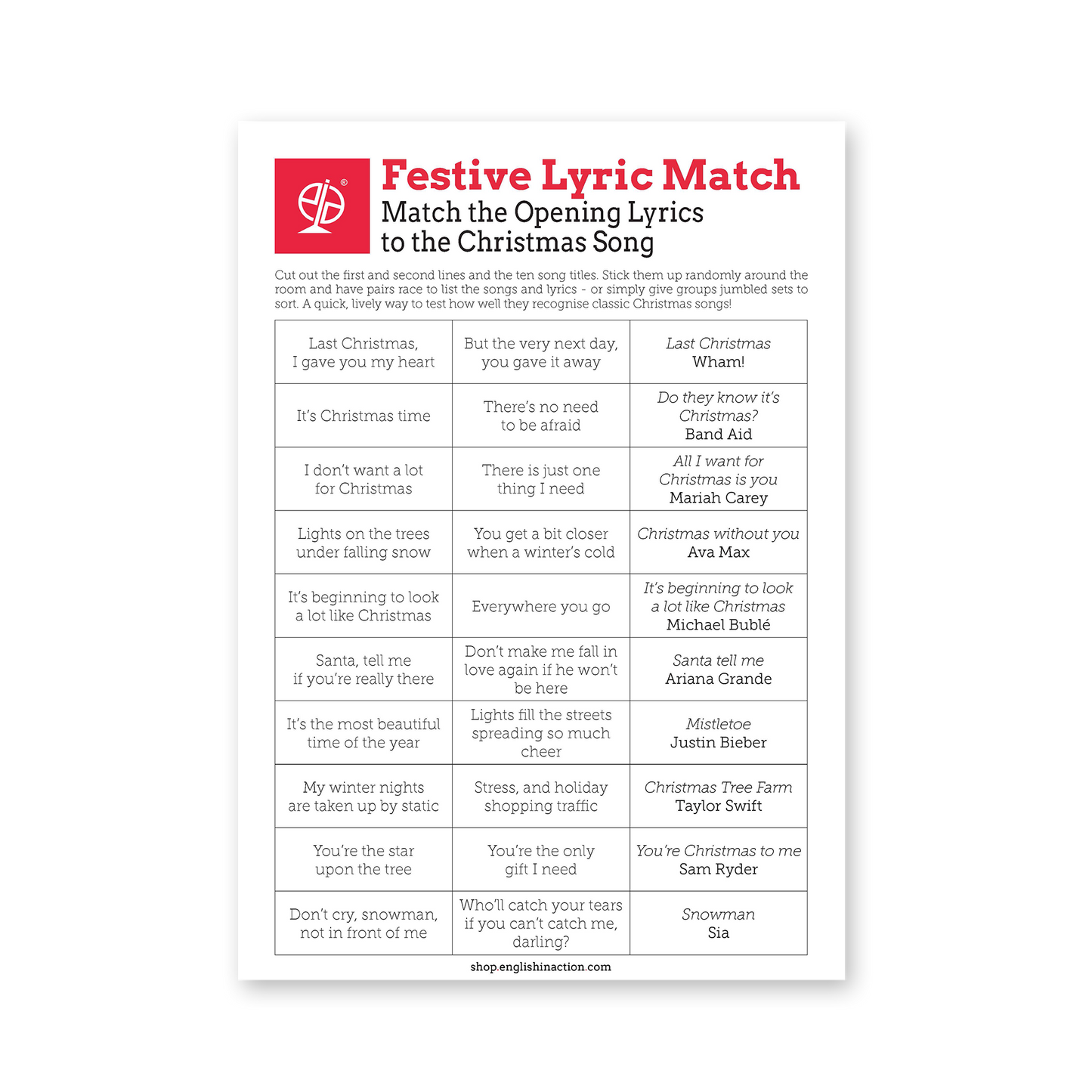 Festive Lyric Match | Christmas EFL Listening and Recall Activity