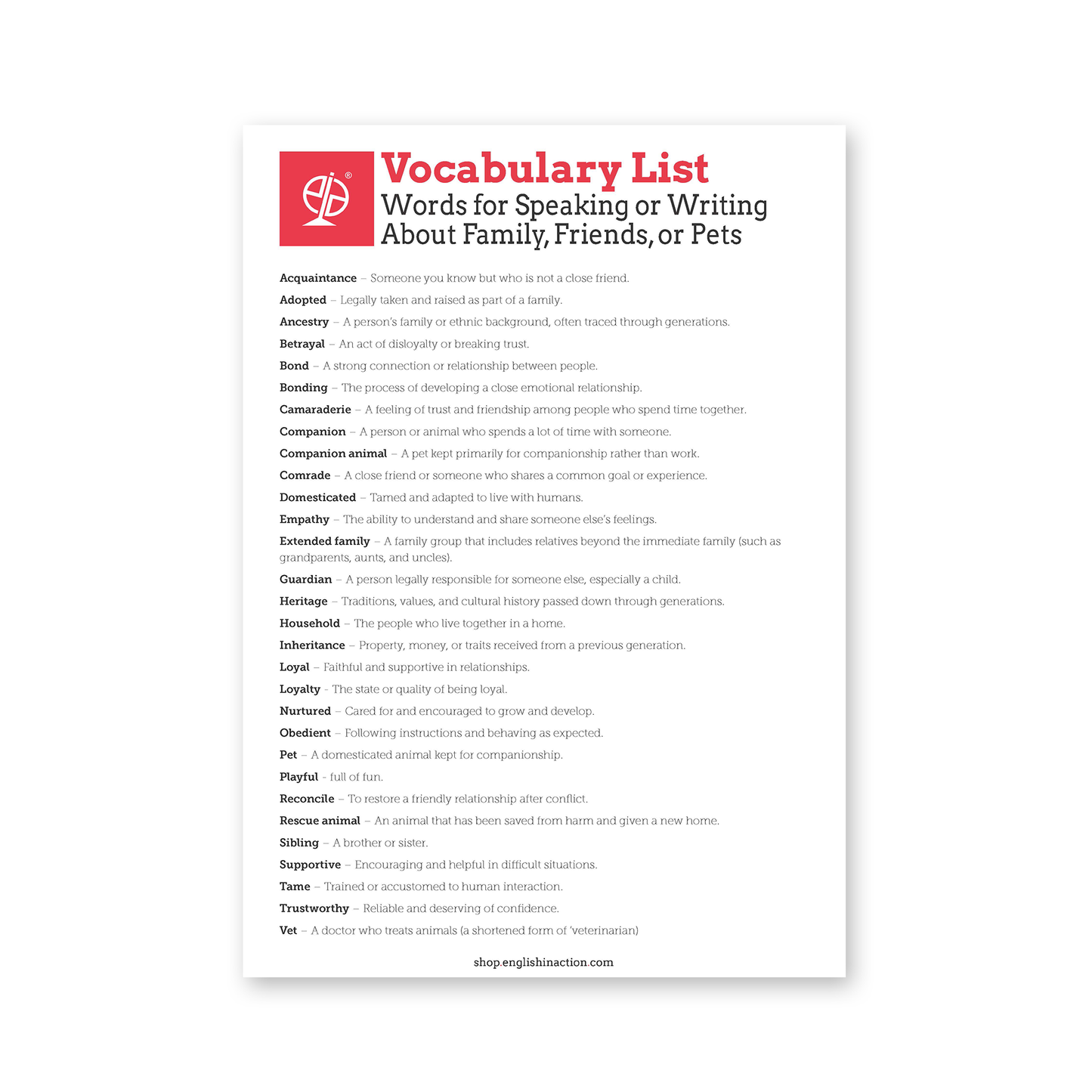 Family, Friends and Pets Vocabulary | EFL Worksheet with Wordsearches, Gap Fills and Word Cards - TEFL-Toolkit.com