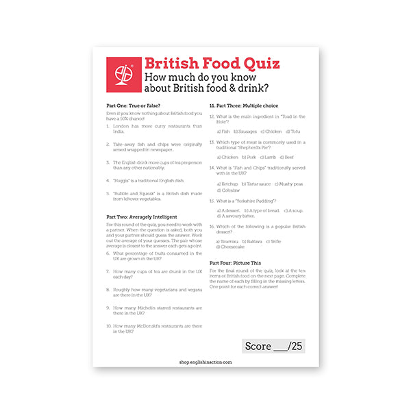 British Food Quiz | EFL Resource for Teaching British Culture and Vocabulary - shop.englishinaction.com