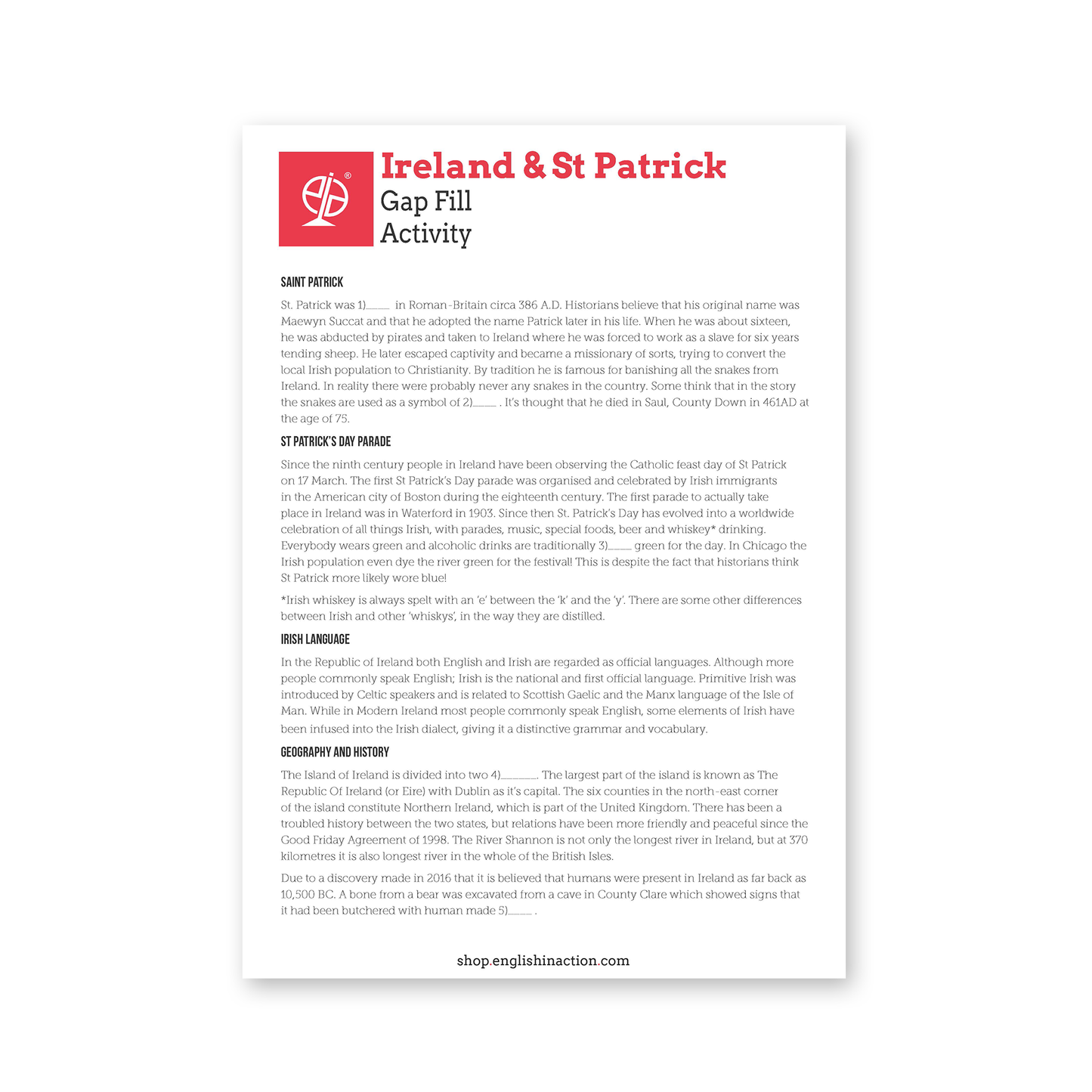 Ireland and St Patrick's Day | Gap Fill Worksheet | EFL Worksheet