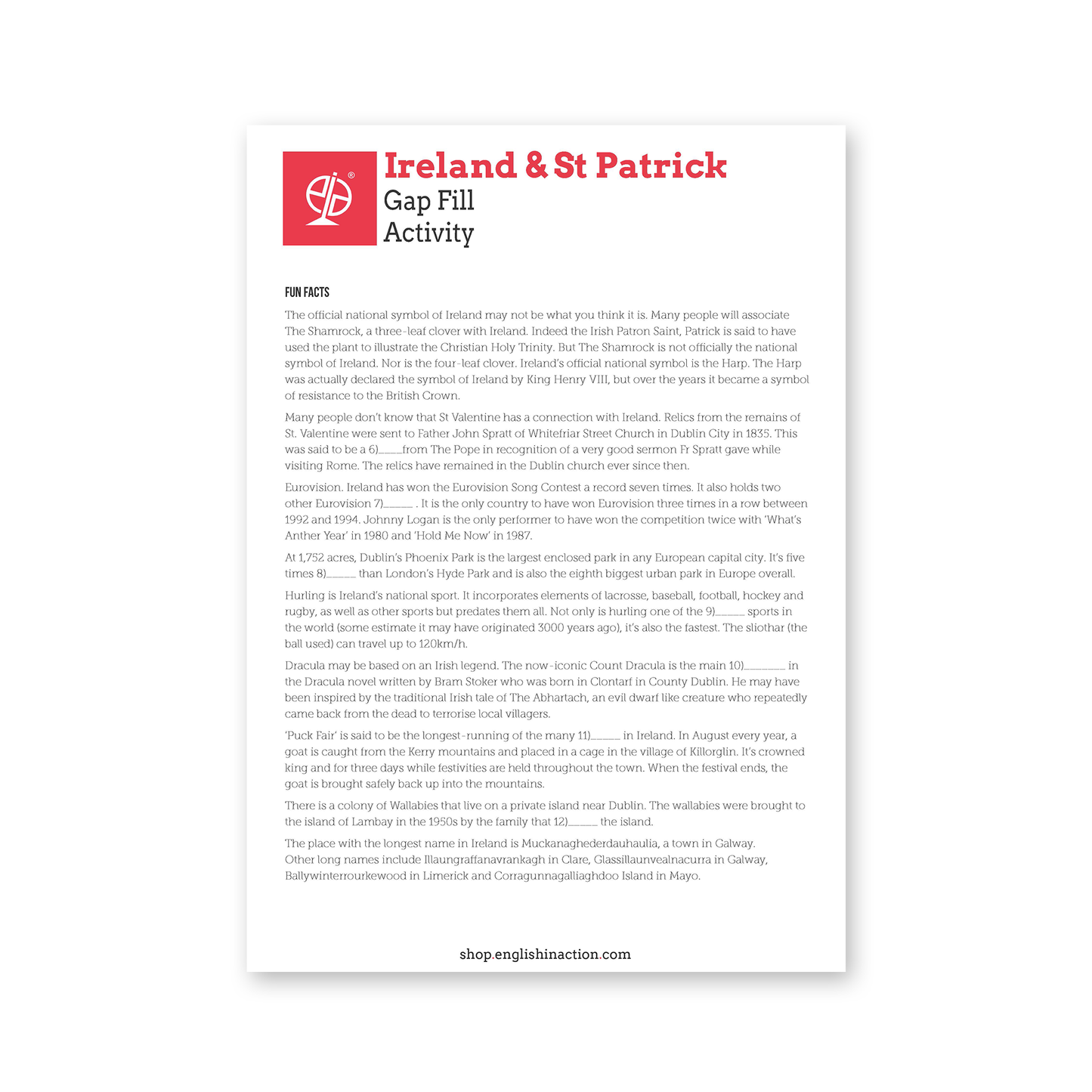 Ireland and St Patrick's Day | Gap Fill Worksheet | EFL Worksheet