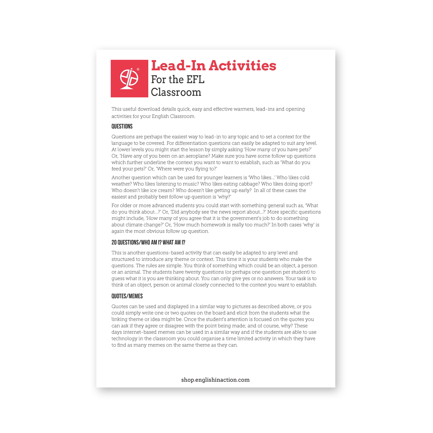 TEFL/ESOL Lead-In Activities | EFL Resource