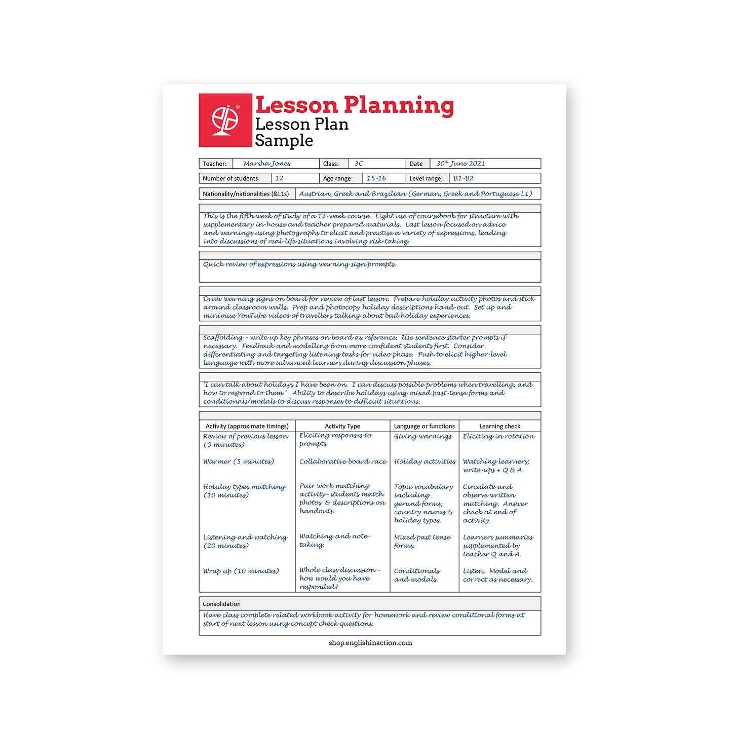Lesson Plan Template and Sample | EFL Resource - TEFL-Toolkit.com