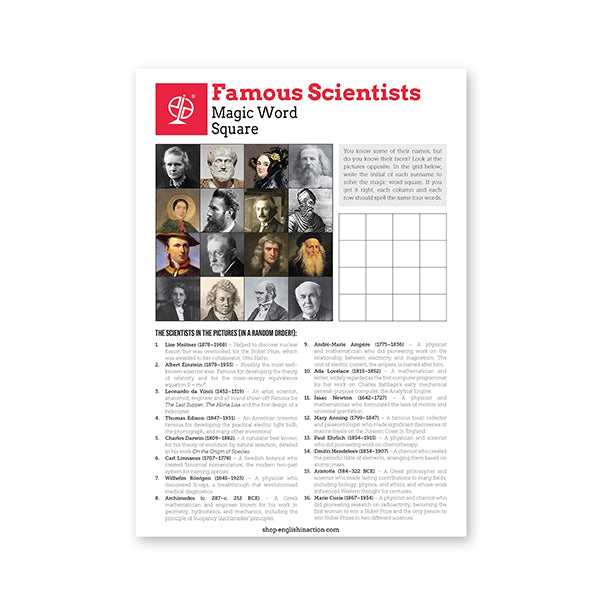 Famous Scientists Magic Word Square | EFL Worksheet for Science and Vocabulary Practice - TEFL-Toolkit.com