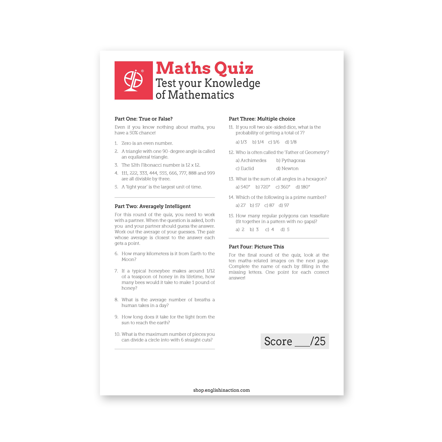 Maths Quiz | EFL Worksheet - TEFL-Toolkit.com