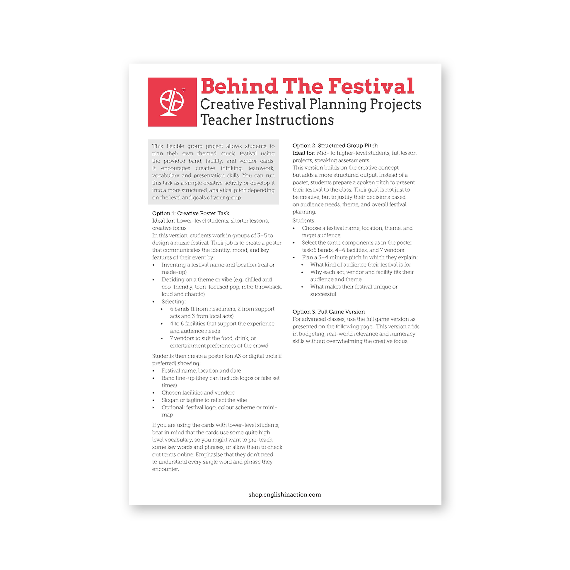 Behind the Festival | ESL Music Festival Planning Game & Creative Project Task - shop.englishinaction.com