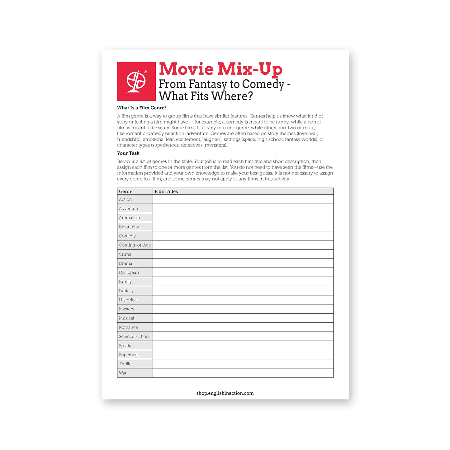 Movie Mix-Up | Genre Matching & Film Literacy Task for English Learners - TEFL-Toolkit.com