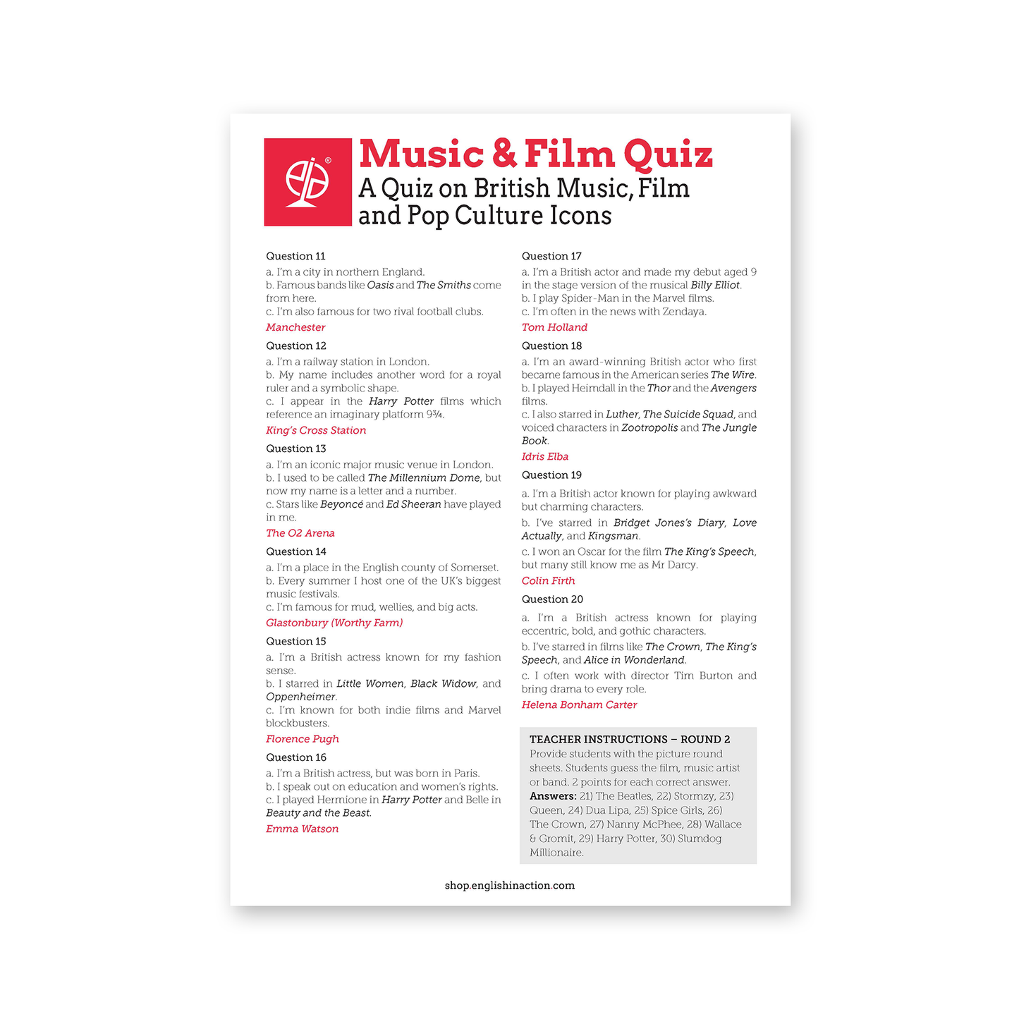 Music & Film Quiz | ESL Pop Culture Quiz on British Songs, Films & Icons - TEFL-Toolkit.com