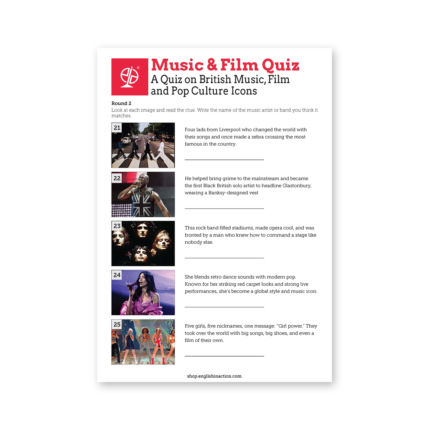 Music & Film Quiz | ESL Pop Culture Quiz on British Songs, Films & Icons - TEFL-Toolkit.com