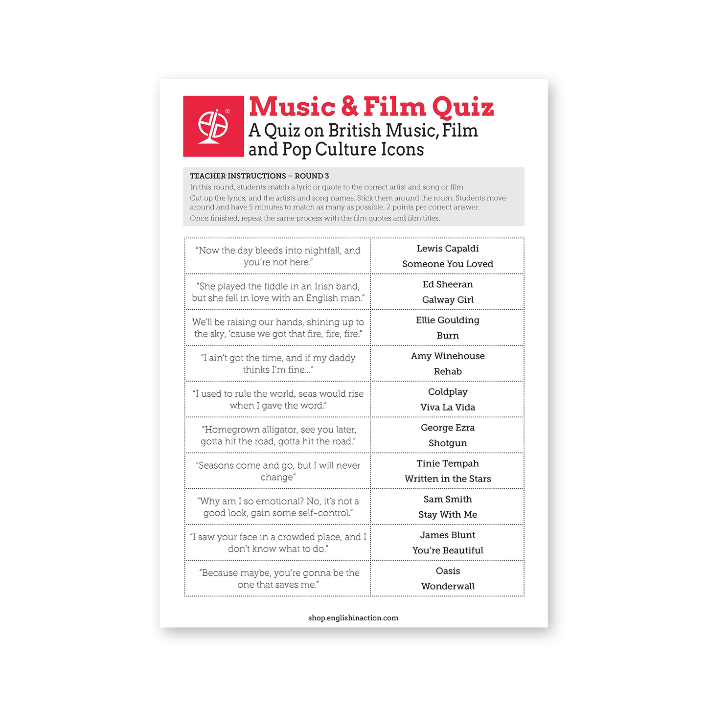 Music & Film Quiz | ESL Pop Culture Quiz on British Songs, Films & Icons - TEFL-Toolkit.com