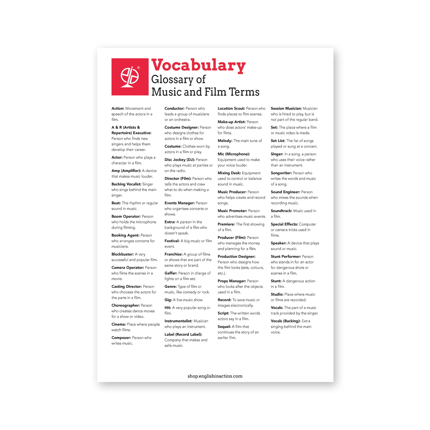 Music & Film Vocabulary | ESL Wordsearches, Crosswords & Printable Cards - TEFL-Toolkit.com