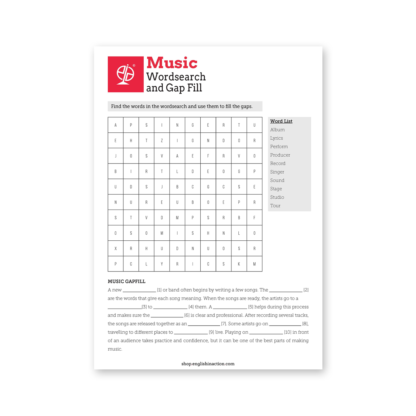 Music & Film Vocabulary | ESL Wordsearches, Crosswords & Printable Cards - TEFL-Toolkit.com
