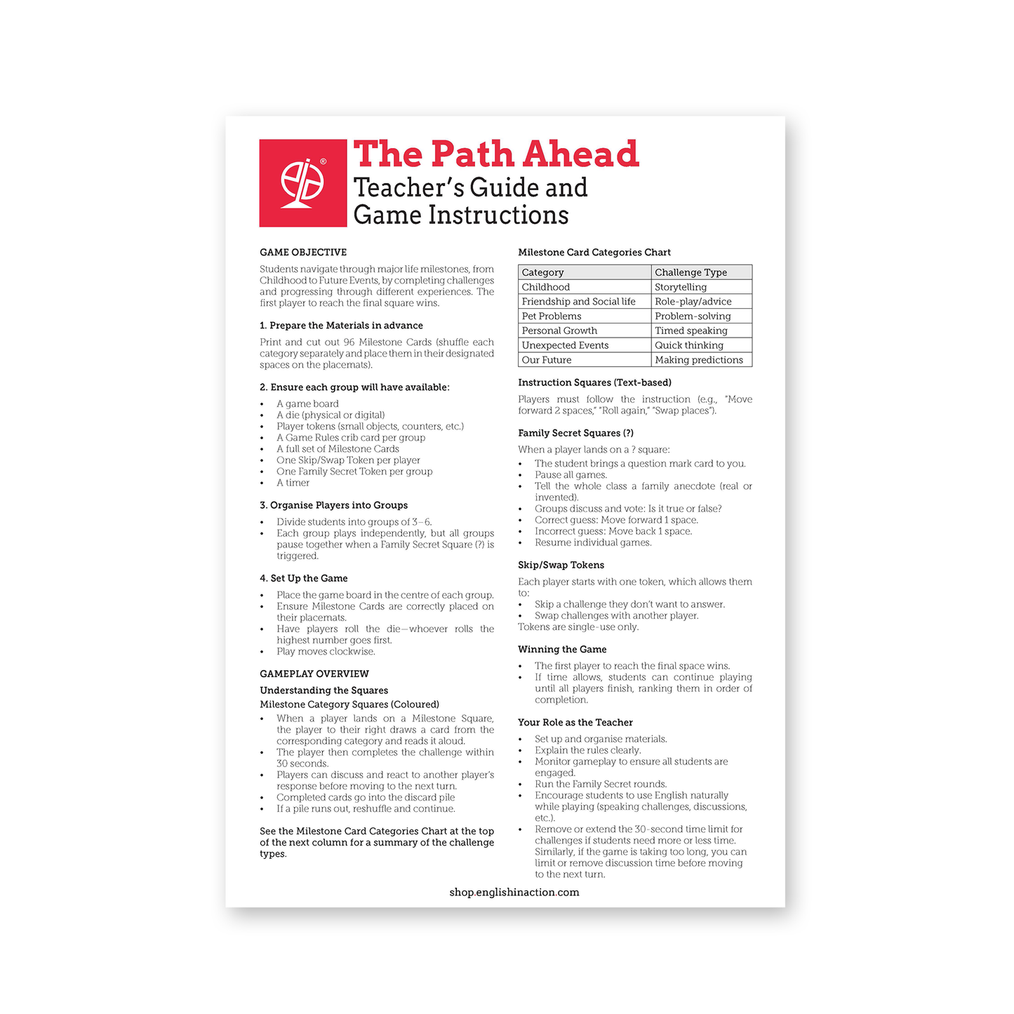 The Path Ahead – Life Milestones | Downloadable ESL Board Game