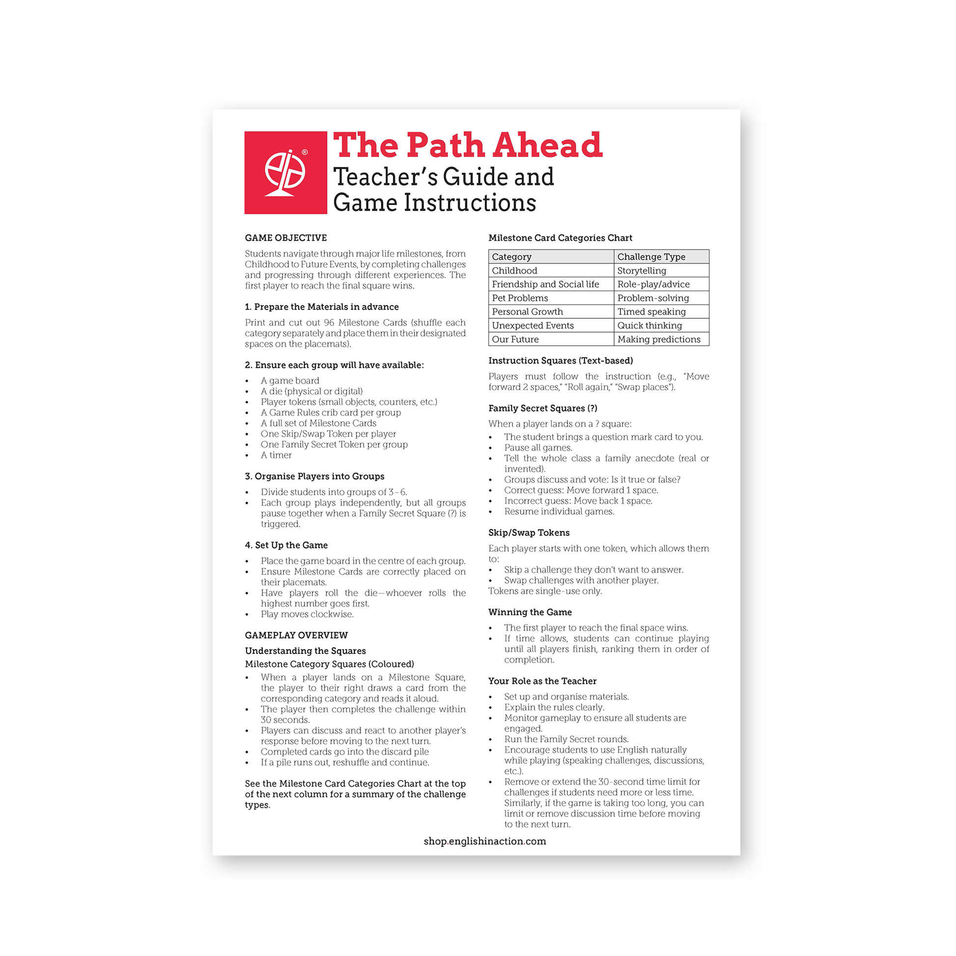 The Path Ahead – Life Milestones | Downloadable ESL Board Game - TEFL-Toolkit.com