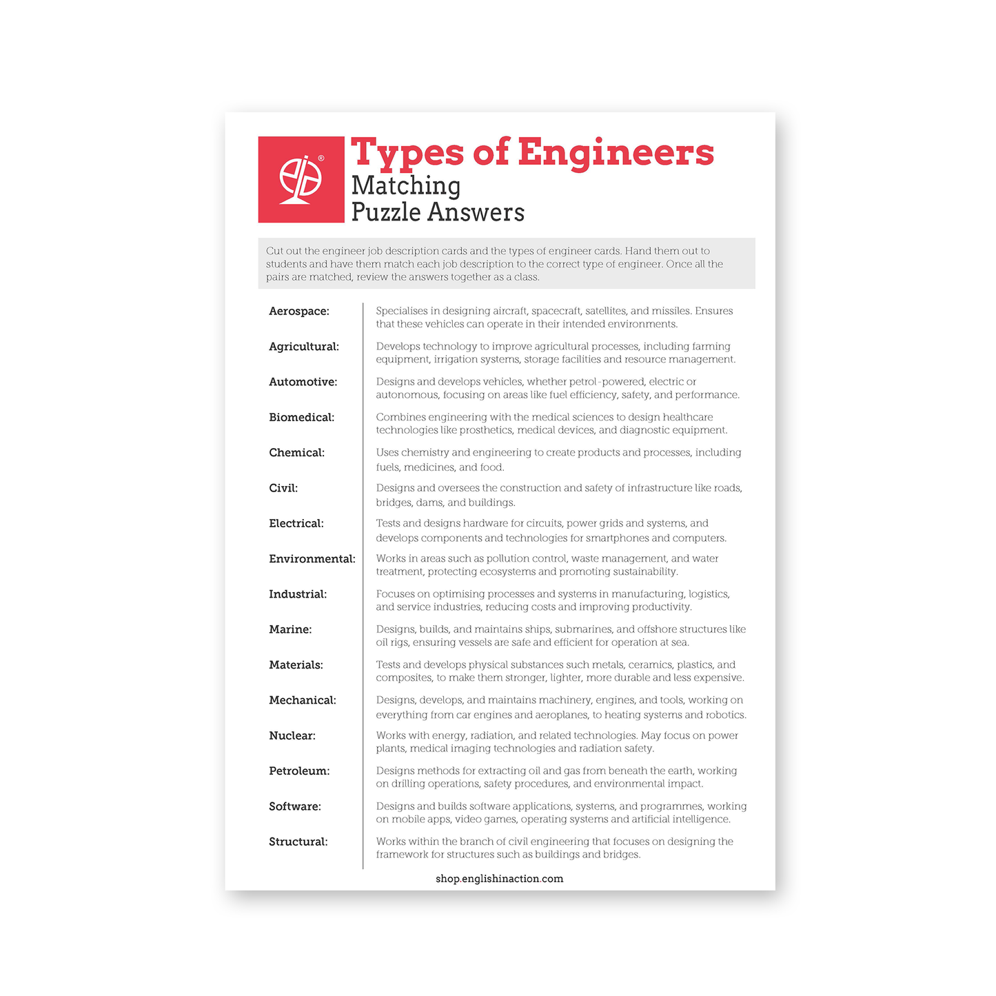 Types of Engineering Matching Puzzle | EFL Worksheet - TEFL-Toolkit.com