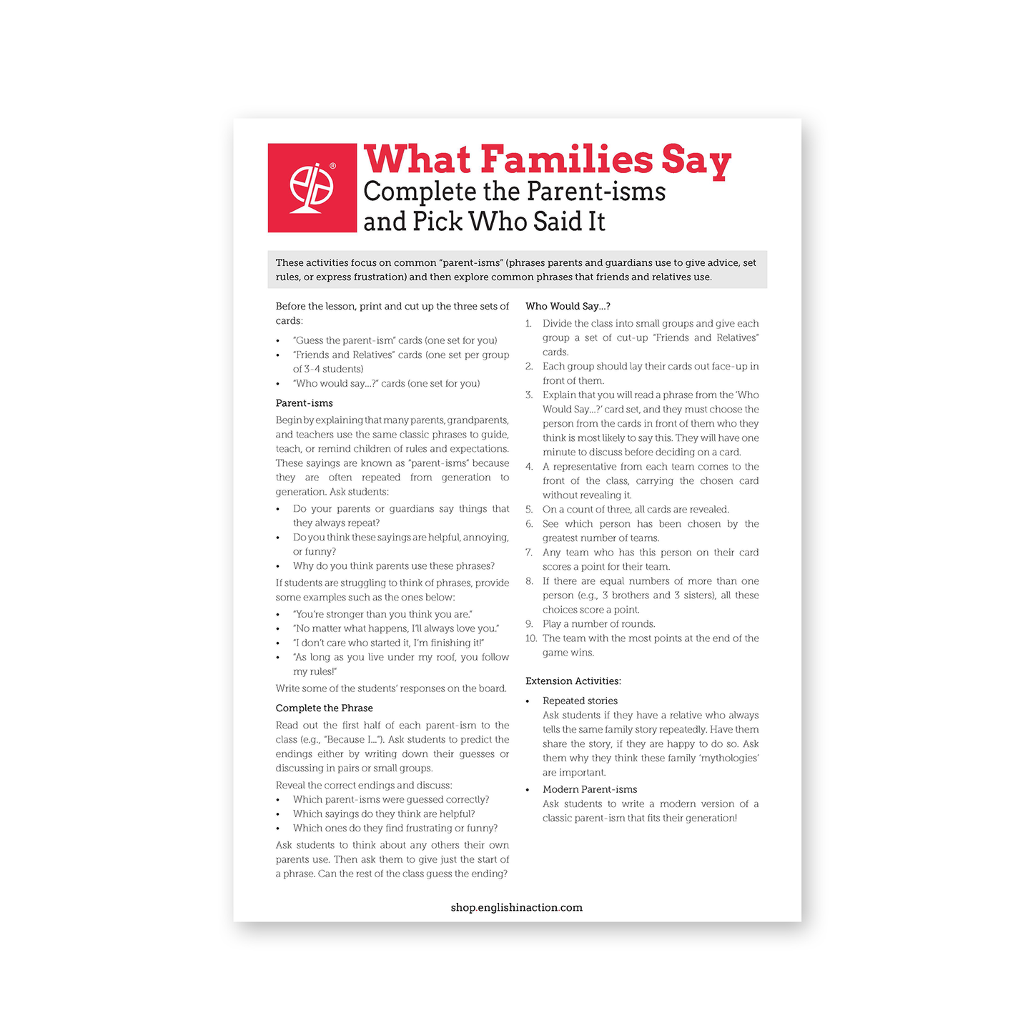 What Families Say Activities | EFL Resource