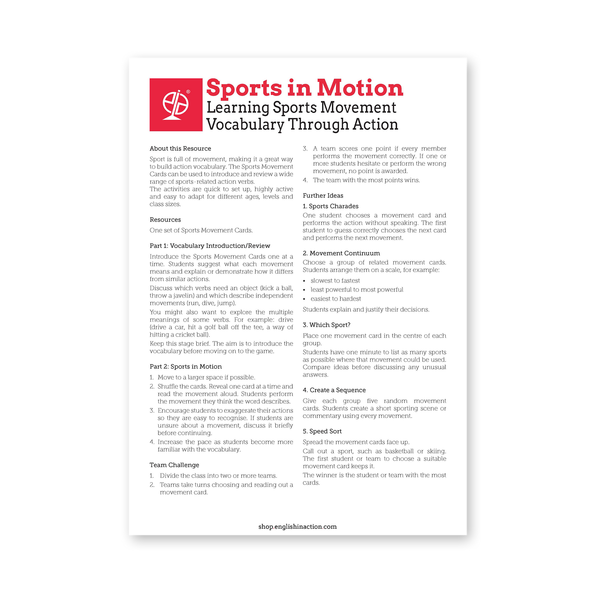 Sports in Motion | Sports Action Verb Activities - TEFL-Toolkit.com