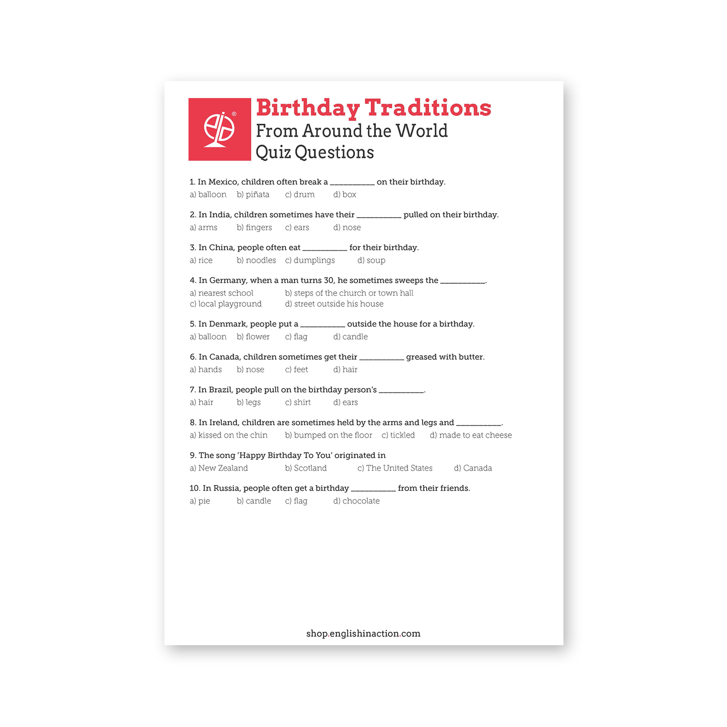 Birthday Traditions | ESL Quiz and Reading Activity on Global Celebrations