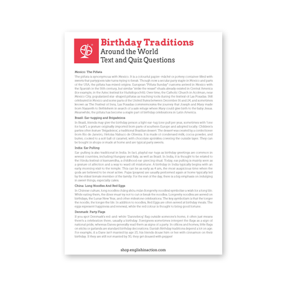 Birthday Traditions | ESL Quiz and Reading Activity on Global Celebrations
