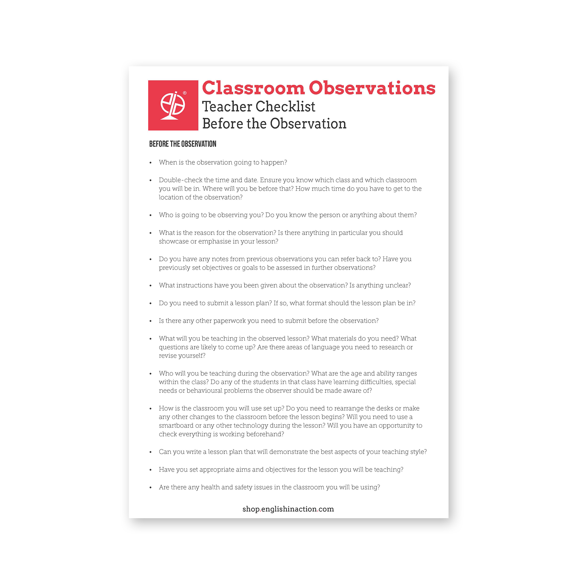 Classroom Observation Checklist | TEFL/ESOL Resource for Teacher Evalu ...