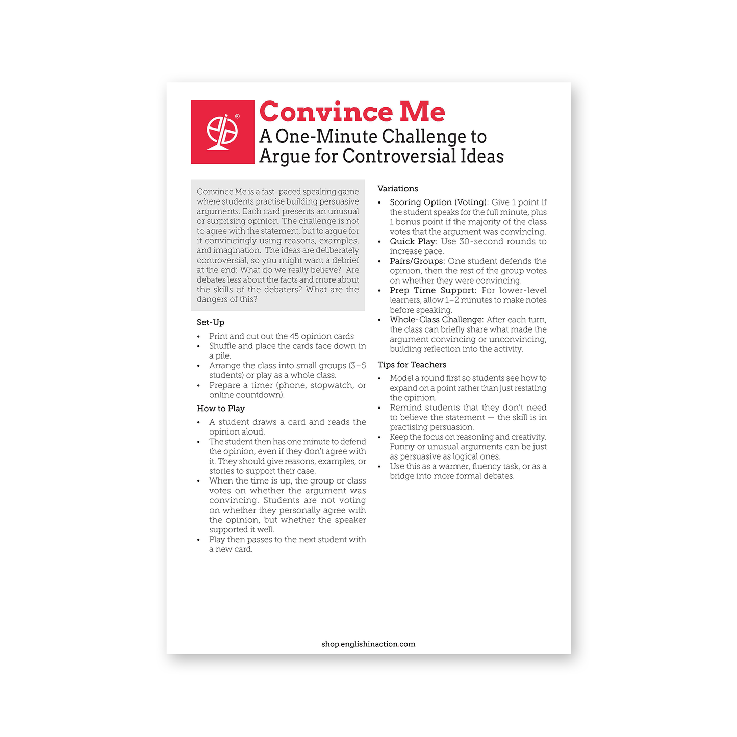 Convince Me | ESL Speaking Game for Persuasive Arguments & Debate Skills