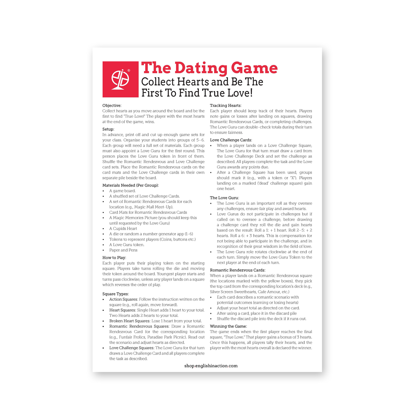 The Dating Game | Downloadable ESL Board Game