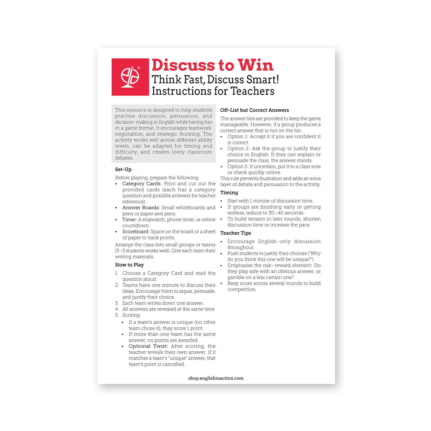 Discuss to Win | ESL Discussion Game for Teamwork, Persuasion & Critical Thinking
