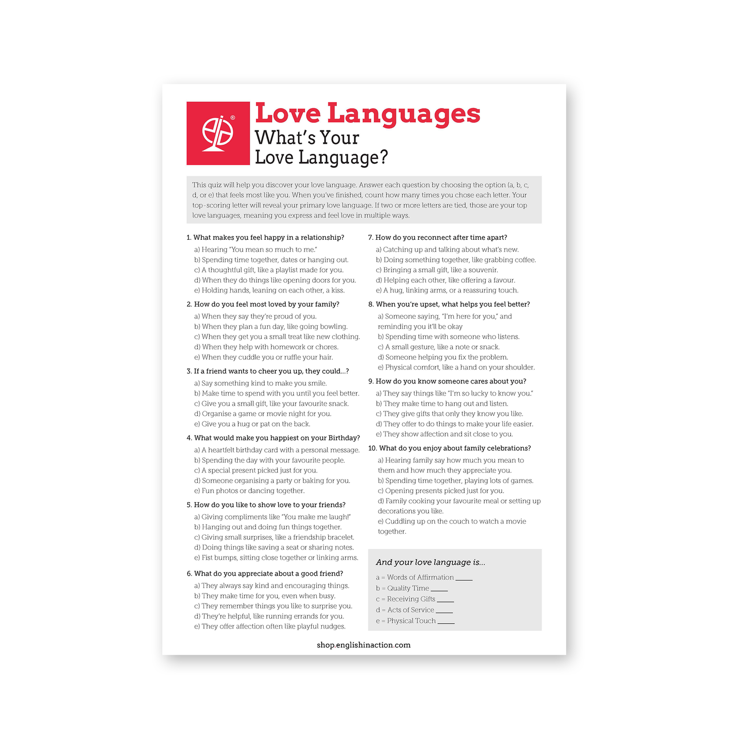 Love Languages Text and Quiz| EFL Resource