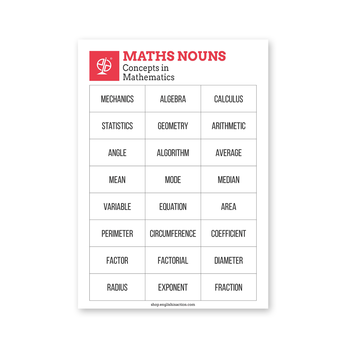 Maths Nouns Vocabulary Cards | EFL Resource