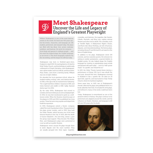 Meet Shakespeare | EFL Biography Text and Timeline - TEFL-Toolkit.com