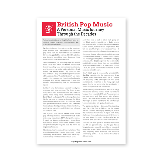 British Pop Text and Writing Task | ESL Reading & Monologue Writing on Music & Identity