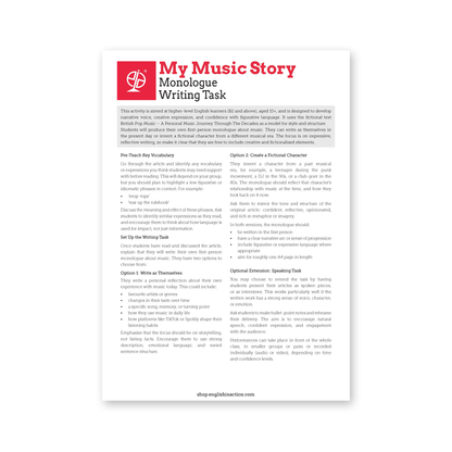 British Pop Text and Writing Task | ESL Reading & Monologue Writing on Music & Identity