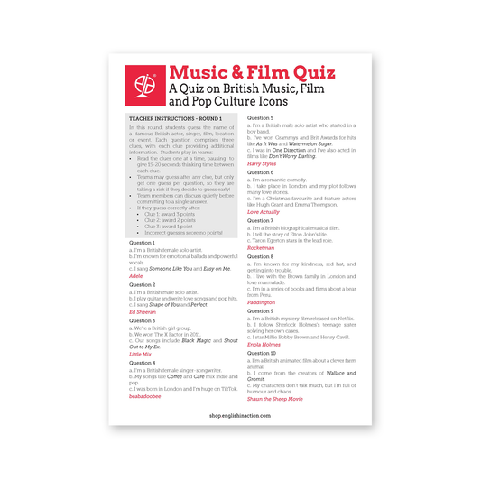 Music & Film Quiz | ESL Pop Culture Quiz on British Songs, Films & Icons - TEFL-Toolkit.com