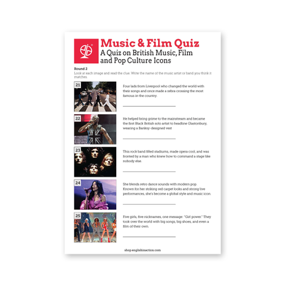 Music & Film Quiz | ESL Pop Culture Quiz on British Songs, Films & Icons - TEFL-Toolkit.com