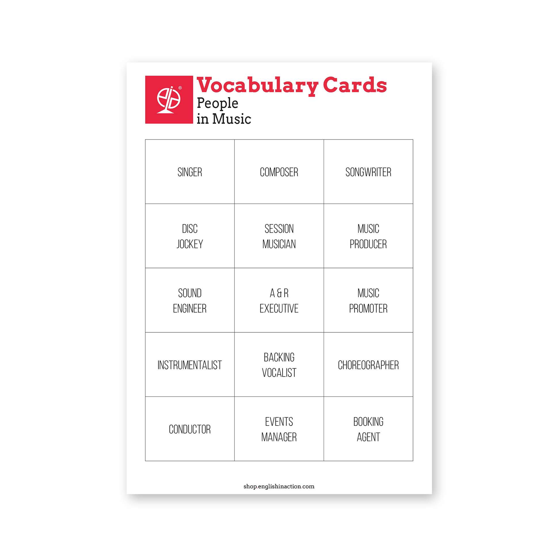 Music & Film Vocabulary | ESL Wordsearches, Crosswords & Printable Cards - TEFL-Toolkit.com