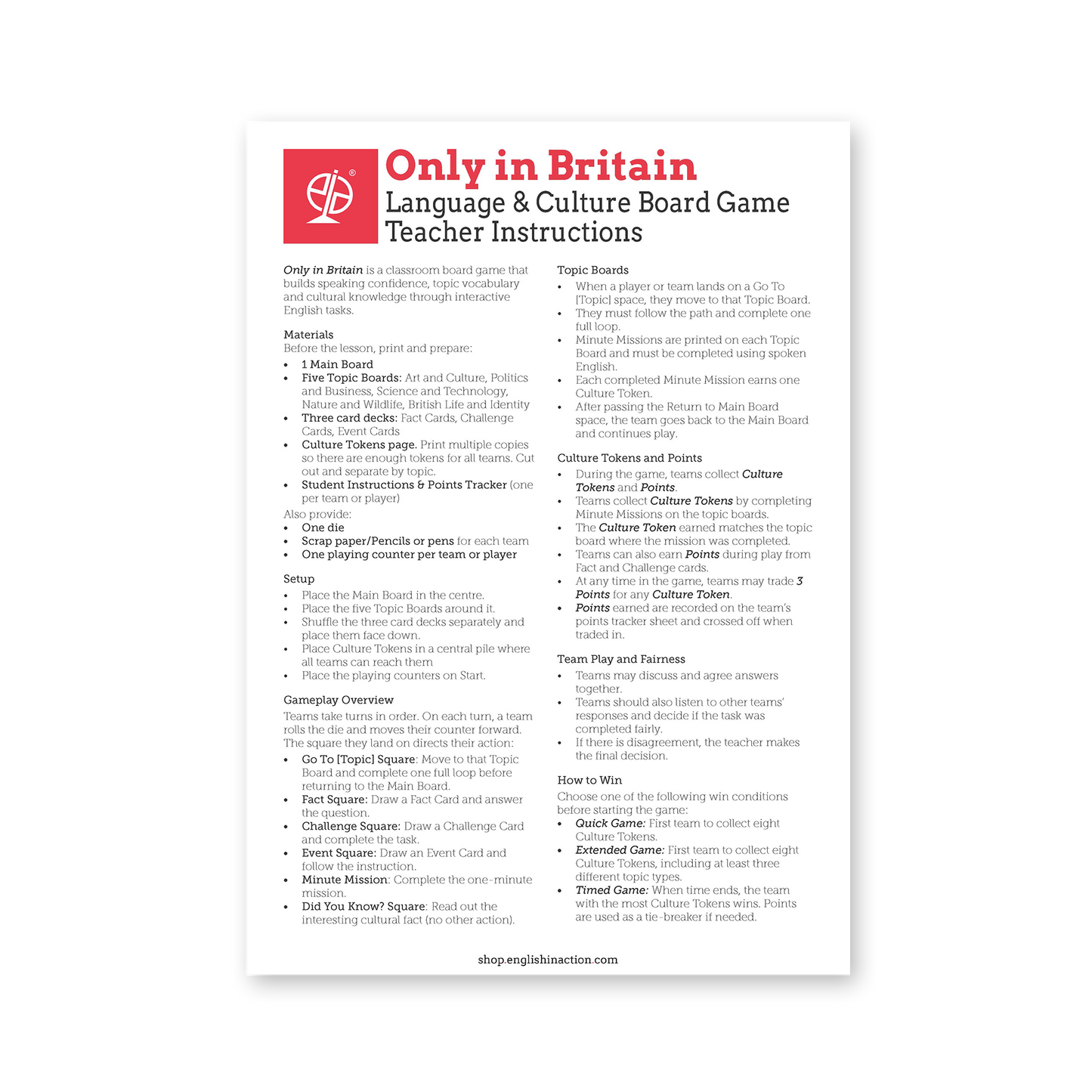 Only in Britain | Language and Culture EFL Board Game