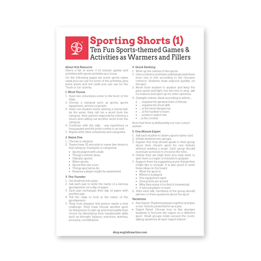 Sporting Shorts | Sports Warm Up and Filler Activities for EFL - TEFL-Toolkit.com