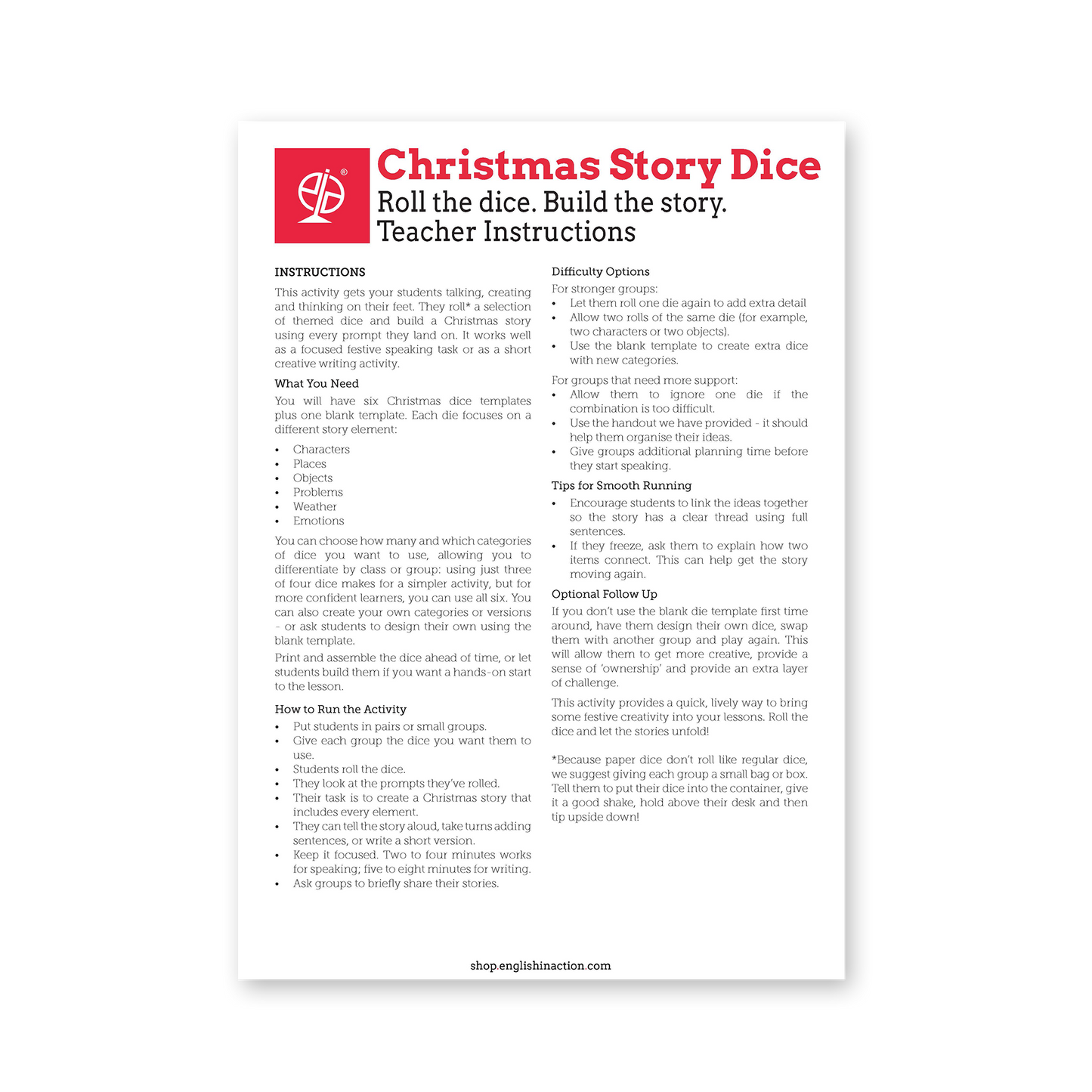 Christmas Story Dice | Creative EFL Storytelling Activity